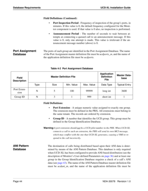 Page 46Page 44NDA-30078   Revision 1.0
Database Requirements UCD-XL Installation Guide
Field Definitions (Continued): 
Port Inspection Period - Frequency of inspection of the group’s ports, in
minutes. If this value is 0, the default frequency configured for the Moni-
tor component is used. If that value is 0 also, no inspection is performed.
Announcement Period - The number of seconds to wait between at-
tempts at connecting a queued call to an announcement message. If this
value is 0, only one attempt is...