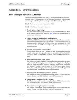 Page 53NDA-30078   Revision 1.0Page 51
UCD-XL Installation Guide Error Messages
Appendix A Error Messages
Error Messages from UCD-XL Monitor
The following are the error messages from UCD-XL Monitor which you might 
encounter in the APM log and/or on the APM screen.  Immediately following each 
error message is a brief explanation and a possible solution to the problem.
Note 1:
The error code  originates from UNIX.
Note 2:
“UDP” means User-defined Parameter.
1. Invalid option:  
The given input is not an...