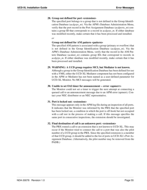 Page 57NDA-30078   Revision 1.0Page 55
UCD-XL Installation Guide Error Messages
28. Group not defined for port 
The specified port belongs to a group that is not defined in the Group Identifi-
cation Database (ucdgrps_m). Via the APMs Database Administration Menu,
verify that the port record in the Port Assignment Database (ucdports_m) con-
tains a group ID that corresponds to a record in ucdgrps_m. If either database
was modified recently, make certain that it has been processed and installed.
or
Group not...