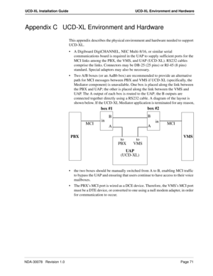 Page 73NDA-30078   Revision 1.0Page 71
UCD-XL Installation Guide UCD-XL Environment and Hardware
Appendix C UCD-XL Environment and Hardware
This appendix describes the physical environment and hardware needed to support 
UCD-XL.
A Digiboard DigiCHANNEL, NEC Multi-8/16, or similar serial 
communications board is required in the UAP to supply sufficient ports for the 
MCI links among the PBX, the VMS, and UAP (UCD-XL). RS232 cables 
comprise the links. Connectors may be DB-25 (25 pins) or RJ-45 (8 pins)...