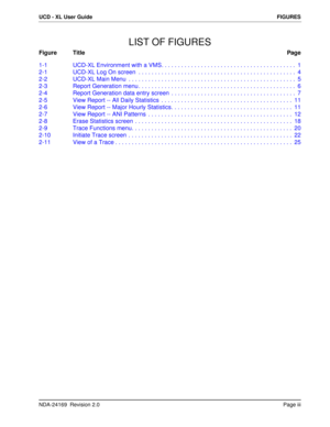 Page 5NDA-24169  Revision 2.0Page iii
UCD - XL User GuideFIGURES
LIST OF FIGURES
Figure TitlePage
1-1 UCD-XL Environment with a VMS. . . . . . . . . . . . . . . . . . . . . . . . . . . . . . . . . . . . . . . . .  1
2-1 UCD-XL Log On screen  . . . . . . . . . . . . . . . . . . . . . . . . . . . . . . . . . . . . . . . . . . . . . . . .  4
2-2 UCD-XL Main Menu  . . . . . . . . . . . . . . . . . . . . . . . . . . . . . . . . . . . . . . . . . . . . . . . . . . .  5
2-3 Report Generation menu . . . . . . . . . ....