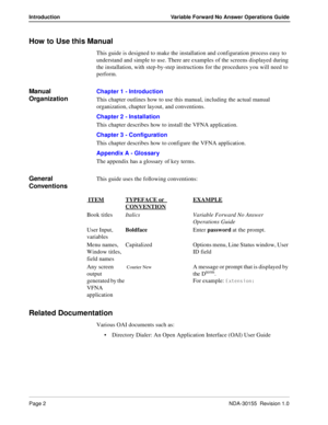 Page 8Page 2NDA-30155  Revision 1.0
Introduction Variable Forward No Answer Operations Guide
How to Use this Manual
This guide is designed to make the installation and configuration process easy to 
understand and simple to use. There are examples of the screens displayed during 
the installation, with step-by-step instructions for the procedures you will need to 
perform. 
Manual 
OrganizationChapter 1 - Introduction
This chapter outlines how to use this manual, including the actual manual 
organization,...