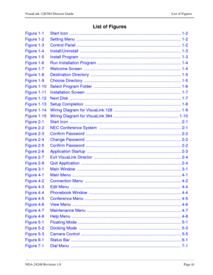 Page 9NDA-24248 Revision 1.0Page iii
VisuaLink 128/384 Director Guide List of Figures
List of Figures
Figure 1-1 Start Icon  ................................................................................................ 1-2
Figure 1-2 Setting Menu  .......................................................................................... 1-2
Figure 1-3 Control Panel .......................................................................................... 1-2
Figure 1-4 Install/Uninstall...