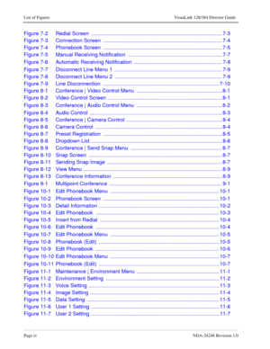 Page 10Page ivNDA-24248 Revision 1.0
List of Figures VisuaLink 128/384 Director Guide
Figure 7-2 Redial Screen  ......................................................................................... 7-3
Figure 7-3 Connection Screen  ................................................................................. 7-4
Figure 7-4 Phonebook Screen  ................................................................................. 7-5
Figure 7-5 Manual Receiving Notification...