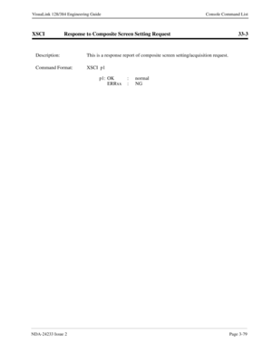 Page 105NDA-24233 Issue 2Page 3-79
VisuaLink 128/384 Engineering Guide Console Command List
XSCI Response to Composite Screen Setting Request 33-3
Description: This is a response report of composite screen setting/acquisition request.
Command Format: XSCI  p1 
p1: OK : normal 
ERRxx :  NG 