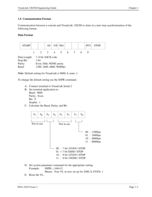 Page 15NDA-24233 Issue 2Page 1-3
VisuaLink 128/384 Engineering Guide Chapter 1
1.4  Communication Format
Communication between a console and VisuaLink 128/384 is done in a start-stop synchronization of the 
following format.
Data Format
Data Length: 7, 8 bit ASCII code
Stop Bit: 1 bit
Parity: Even, Odd, NONE parity
Baud: 1200, 2400, 4800, 9600bps
Note:
 Default setting for VisuaLink is 9600, 8, none, 1.
To change the default setting use the SSPR command.
A: Connect terminal to VisuaLink Serial 2
B: Set terminal...