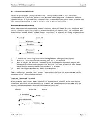 Page 17NDA-24233 Issue 2Page 1-5
VisuaLink 128/384 Engineering Guide Chapter 1
1.5  Communication Procedure
There is no procedure for communication between a console and VisuaLink as a rule. Therefore, a 
communication line is presumed to be error-free. When it is remotely operated with a modem, efficient 
operation may not be expected when a line error occurs. Because of this, in a remote control, a modem with 
error correction feature shall be used, or VisuaLink shall be checked for operation....