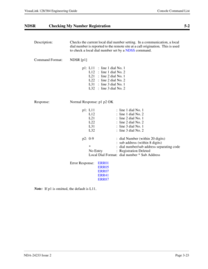 Page 49NDA-24233 Issue 2Page 3-23
VisuaLink 128/384 Engineering Guide Console Command List
NDSR Checking My Number Registration 5-2
Description: Checks the current local dial number setting.  In a communication, a local 
dial number is reported to the remote site at a call origination.  This is used 
to check a local dial number set by a NDSS command.
Command Format: NDSR [p1]
p1: L11 : line 1 dial No. 1
L12 : line 1 dial No. 2
L21 : line 2 dial No. 1
L22 : line 2 dial No. 2
L31 : line 3 dial No. 1
L32 : line 3...