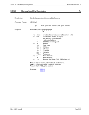 Page 51NDA-24233 Issue 2Page 3-25
VisuaLink 128/384 Engineering Guide Console Command List
MDRD Checking Speed Dial Registration 5-4
Description: Checks the current registers speed dial number.
Command Format: MDRD p1
p1:  #xxx: speed dial number (xxx: speed number)
Response: Normal Response: p1 p2 p3 p4 p5 
OK
p1: #xxx :  speed dial number (xxx: speed number 1-130)
p2: 0-9 :  dial Number (within 20 digits)
       :  sub address (within 8 digits)
* :  address/subaddress 
**  :  Ch1/Ch2 separating code
p3: B :...