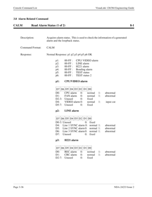 Page 62Page 3-36NDA-24233 Issue 2
Console Command List VisuaLink 128/384 Engineering Guide
3.8  Alarm Related Command
CALM Read Alarm Status (1 of 2) 8-1
Description: Acquires alarm status.  This is used to check the information of a generated 
alarm and the loopback status.
Command Format: CALM
Response: Normal Response: p1 p2 p3 p4 p5 p6 OK
p1: 00-FF :  CPU/ VIDEO alarm
p2: 00-FF :  LINE alarm
p3: 00-FF :  H221 alarm
p4: 00-FF :  Bonding alarm
p5: 00-FF :  TEST status
p6: 00-FF :  TEST status 2
p1: CPU/VIDEO...