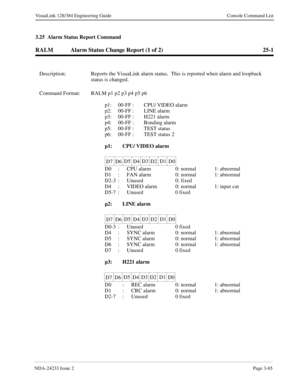 Page 91NDA-24233 Issue 2Page 3-65
VisuaLink 128/384 Engineering Guide Console Command List
3.25  Alarm Status Report Command
RALM Alarm Status Change Report (1 of 2) 25-1
Description: Reports the VisuaLink alarm status.  This is reported when alarm and loopback 
status is changed.
Command Format: RALM p1 p2 p3 p4 p5 p6 
p1: 00-FF :  CPU/ VIDEO alarm
p2: 00-FF :  LINE alarm
p3: 00-FF :  H221 alarm
p4: 00-FF :  Bonding alarm
p5: 00-FF :  TEST status
p6: 00-FF :  TEST status 2
p1: CPU/ VIDEO alarm
D0 :  CPU alarm...