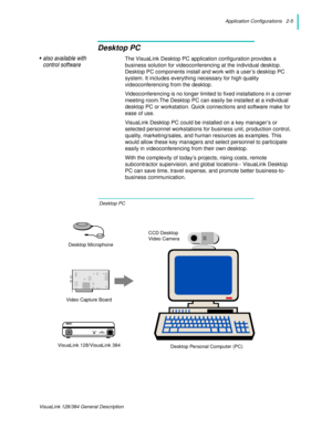 Page 17Application Configurations   2-5
VisuaLink 128/384 General Description
Desktop PC
• also available with
control softwareThe VisuaLink Desktop PC application configuration provides a 
business solution for videoconferencing at the individual desktop. 
Desktop PC components install and work with a user’s desktop PC 
system. It includes everything necessary for high quality 
videoconferencing from the desktop.
Videoconferencing is no longer limited to fixed installations in a corner 
meeting room.The...