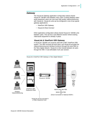 Page 21Application Configurations   2-9
VisuaLink 128/384 General Description
Gateway
The VisuaLink Gateway application configuration allows shared 
VisuaLink 128/384 units between many users. Existing desktop video/
audio equipment users can now have high quality videoconferencing 
with VisuaLink. VisuaLink units can be configured in one of two typical 
gateway applications:
• ViewPoint VBX Gateway
• VisuaLink Direct Connect
Either application configuration allows shared VisuaLink 128/384 units 
between users....