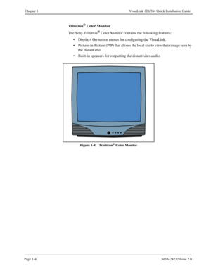 Page 12Page 1-4NDA-24232 Issue 2.0
Chapter 1 VisuaLink 128/384 Quick Installation Guide
Tr i n i t r o n® Color Monitor
The Sony Trinitron
® Color Monitor contains the following features:
• Displays On-screen menus for configuring the VisuaLink.
• Picture-in-Picture (PIP) that allows the local site to view their image seen by 
the distant end.
• Built-in speakers for outputting the distant sites audio.
Figure 1-4:   Trinitron® Color Monitor 