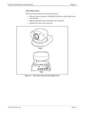 Page 13 NDA-24232 Issue 2.0Page 1-5
VisuaLink 128/384 Quick Installation Guide Chapter 1
Color Video Camera
The Color Video Camera has the following features:
• Effective picture elements of 380,000 (EVI-D30) for enables high-resolu-
tion shooting.
• High speed pan/tilt action controlled by the VisuaLink.
• Captures the video in the local room.
Figure 1-5:   Color Video Camera (Front and Rear View)
Front
Rear 