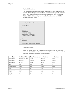 Page 26Page 3-6NDA-24232 Issue 2.0 
Chapter 3 VisuaLink 128/384 Quick Installation Guide
Optional information:
You may enter this optional information.  The name you enter makes it easy for 
users to identify this particular VisuaLink.  The name can be up to 20 characters 
long.  The Password is the password needed to be entered when selecting the 
Utilities ICON.  After entering the optional information select the NEXT to 
advance to the next screen.  
Application Screen’s
Using the number pad on the wireless...