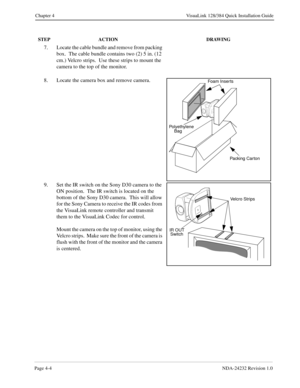 Page 32Page 4-4NDA-24232 Revision 1.0
Chapter 4 VisuaLink 128/384 Quick Installation Guide
7. Locate the cable bundle and remove from packing 
box.  The cable bundle contains two (2) 5 in. (12 
cm.) Velcro strips.  Use these strips to mount the 
camera to the top of the monitor.
8. Locate the camera box and remove camera.
9. Set the IR switch on the Sony D30 camera to the 
ON position.  The IR switch is located on the 
bottom of the Sony D30 camera.  This will allow 
for the Sony Camera to receive the IR codes...