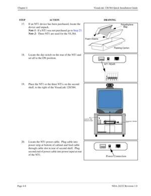 Page 36Page 4-8NDA-24232 Revision 1.0
Chapter 4 VisuaLink 128/384 Quick Installation Guide
17. If an NT1 device has been purchased, locate the 
device and unpack.  
Note 1:  
If a NT1 was not purchased go to Step 23.
Note 2: 
 Three NT1 are used for the VL384.
18. Locate the dip switch on the rear of the NT1 and 
set all to the ON position.
19. Place the NT1 or the three NT1s on the second 
shelf, to the right of the VisuaLink 128/384.
20. Locate the NT1 power cable.  Plug cable into 
power strip at bottom of...