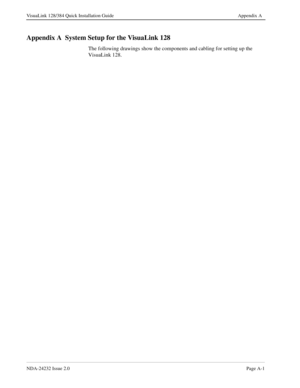 Page 55NDA-24232 Issue 2.0Page A-1
VisuaLink 128/384 Quick Installation Guide Appendix A
Appendix A  System Setup for the VisuaLink 128
The following drawings show the components and cabling for setting up the 
VisuaLink 128. 