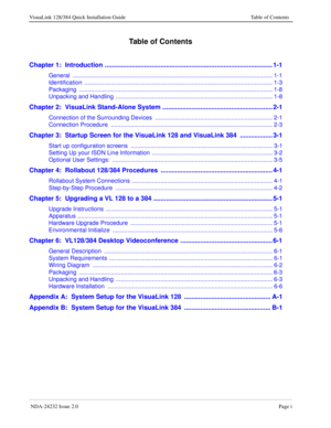 Page 7 NDA-24232 Issue 2.0Page i
VisuaLink 128/384 Quick Installation Guide Table of Contents
Table of Contents
Chapter 1:  Introduction ............................................................................................. 1-1
General ......................................................................................................................... 1-1
Identification .................................................................................................................. 1-3
Packaging...