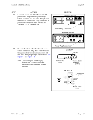 Page 45NDA-24230 Issue 2.0Page 4-17
VisuaLink 128/384 User Guide Chapter 4
13. Locate the VisuaLink 128 or VisuaLink 384 
power cable.  Plug cable into power strip at 
bottom of cabinet and feed cable through cable 
slot in rear of second shelf.  Plug second end of 
power cable into power input at rear of the 
VisuaLink 128 or VisuaLink384.
14. The cable bundle is labeled at the ends of the 
various connectors.  Plug these connectors into 
the appropriate devices (camera/monitor) and 
feed down through opening...