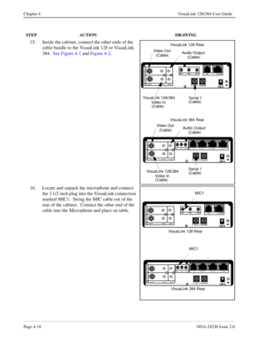 Page 46Page 4-18NDA-24230 Issue 2.0
Chapter 4 VisuaLink 128/384 User Guide
15. Inside the cabinet, connect the other ends of the 
cable bundle to the VisuaLink 128 or VisuaLink 
384.  See Figure 4-1 and Figure 4-2.
16. Locate and unpack the microphone and connect 
the 3 1/2 inch plug into the VisuaLink connection 
marked MIC1.  String the MIC cable out of the 
rear of the cabinet.  Connect the other end of the 
cable into the Microphone and place on table.
STEP ACTION DRAWING
+
+
++
+DC I N 5 V+ -  Serial1...