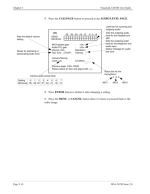 Page 68Page 5-10NDA-24230 Issue 2.0
Chapter 5 VisuaLink 128/384 User Guide
Â
Press the CALLPAGE
 button to proceed to the AUDIO LEVEL PAGE
.
Ã
Press ENTER
 button to define it after changing a setting.
Ä
Press the MENU
 or CANCEL
 button three (3) times to proceed back to the 
video image.
  -36   -30  -24  -18  -12    -6   0  +6[dB]
SEND:
RECEIVE:
MIC/headset gain : 
Audio/TEL gain : 
Volume: Operation:
Te s t  To n e  :  < S T O P > Tr a i n i n g :
Camera Moving
Level:  Condition: _ _ _
Previous page: CALL...