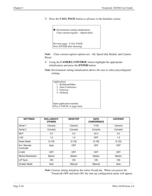 Page 88Page 5-30NDA-24230 Issue 2.0
Chapter 5 VisuaLink 128/384 User Guide
Â
Press the CALL PAGE
 button to advance to the Initialize screen.
Note:
Clear custom register options are:  All, Speed dial, Redial, and Camera 
Preset.
Ã
Using the CAMERA CONTROL
 button highlight the appropriate 
initialization and press the ENTER
 button.
Note:
Environment setting initialization allows the user to select preconfigured 
settings.
Note:
Custom setting initializes the entire VisuaLink.  When you power the 
VisuaLink OFF...