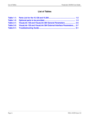 Page 10Page ivNDA-24230 Issue 2.0
List of Tables VisuaLink 128/384 User Guide
List of Tables
Table 1-1: Parts List for the VL128 and VL384.....................................................  1-2
Table 1-2: Optional parts to be provided..............................................................  1-3
Table 2-1: VisuaLink 128 and VisuaLink 384 General Parameters ....................  2-5
Table 2-2: VisuaLink 128 and VisuaLink 384 External Interface Parameters....  2-7
Table 9-1: Troubleshooting Guide...