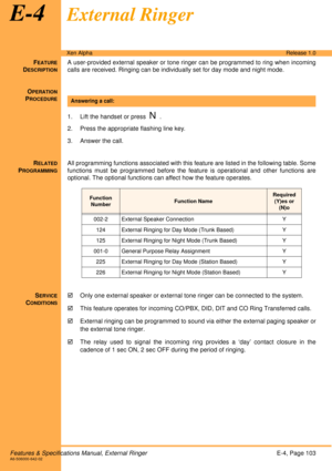 Page 109Features & Specifications Manual, External RingerE-4, Page 103A6-506000-642-02
Xen AlphaRelease 1.0
E-4External Ringer 
FEATURE
DESCRIPTION
A user-provided external speaker or tone ringer can be programmed to ring when incoming
calls are received. Ringing can be individually set for day mode and night mode.
O
PERATION
PROCEDURE
 
1. Lift the handset or press  
N.
2. Press the appropriate flashing line key.
3. Answer the call.
R
ELATED
PROGRAMMING
All programming functions associated with this feature are...