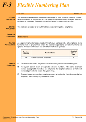 Page 115Features & Specifications, Flexible Numbering PlanF-3, Page 109A6-506000-642-02
Xen AlphaRelease 1.0
F-3Flexible Numbering Plan
FEATURE
DESCRIPTION
This feature allows extension numbers to be changed to meet individual customer’s needs.
When the system is first turned on, the system automatically assigns default extension
numbers. As necessary, these settings can be changed in system programming.
S
TATION
APPLICAITON
This feature is available for all Multiline telephones and Single Line telephones.
O...