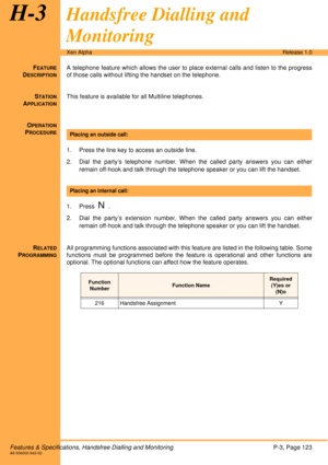 Page 129Features & Specifications, Handsfree Dialling and MonitoringP-3, Page 123A6-506000-642-02
Xen AlphaRelease 1.0
H-3Handsfree Dialling and 
Monitoring
FEATURE
DESCRIPTION
A telephone feature which allows the user to place external calls and listen to the progress
of those calls without lifting the handset on the telephone. 
S
TATION
APPLICATION
This feature is available for all Multiline telephones.
O
PERATION
PROCEDURE
 
1. Press the line key to access an outside line.
2. Dial the party’s telephone...