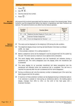 Page 144Page 138, I - 3 Features & Specifications, Incoming Call IdentificationA6-506000-642-02
 
1. Press  
O.
2. Dial  
H E.
3. Dial the external line number.
4. Press  
O.
R
ELATED
PROGRAMMING
All programming functions associated with this feature are listed in the following table. Some
functions must be programmed before the feature is operational and other functions are
optional. The optional functions can affect how the feature operates. 
S
ERVICE
CONDITIONS
!The name can be displayed on the telephone LCD...