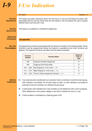 Page 155Features & Specifications, I-Use IndicationI - 9, Page 149A6-506000-642-02
Xen AlphaRelease 1.0
I-9I-Use Indication
FEATURE
DESCRIPTION
This feature provides indications about the line that is in use by illuminating the green LED
associated with the line key. Busy lines are illuminated in red, this allows the user to quickly
identify those lines that are in use.
S
TATION
APPLICATION
This feature is available for all Multiline telephones.
O
PERATION
PROCEDURE
 
R
ELATED
PROGRAMMING
All programming...