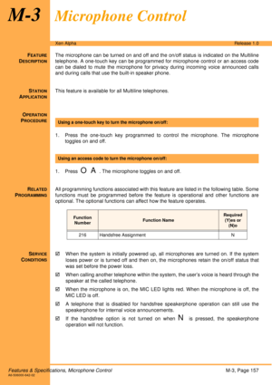 Page 163Features & Specifications, Microphone ControlM-3, Page 157A6-506000-642-02
Xen AlphaRelease 1.0
M-3Microphone Control
FEATURE
DESCRIPTION
The microphone can be turned on and off and the on/off status is indicated on the Multiline
telephone. A one-touch key can be programmed for microphone control or an access code
can be dialed to mute the microphone for privacy during incoming voice announced calls
and during calls that use the built-in speaker phone.
S
TATION
APPLICATION
This feature is available for...