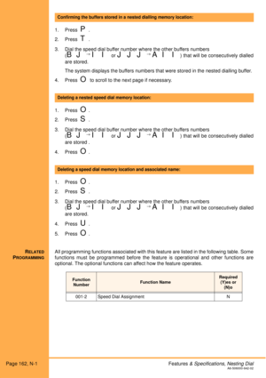 Page 168Page 162, N-1 Features & Specifications, Nesting DialA6-506000-642-02
 
1. Press  
P.
2. Press  
T.
3. Dial the speed dial buffer number where the other buffers numbers 
(
B J → I I or J J J → A I I) that will be consecutively dialled
are stored. 
The system displays the buffers numbers that were stored in the nested dialling buffer. 
4. Press  
O to scroll to the next page if necessary.
 
1. Press  
O.
2. Press  
S.
3. Dial the speed dial buffer number where the other buffers numbers 
(
B J → I I or J J...