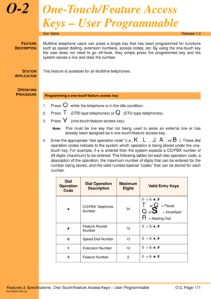 Page 177Features & Specifications, One-Touch/Feature Access Keys – User ProgrammableO-2, Page 171A6-506000-642-02
Xen AlphaRelease 1.0
O-2One-Touch/Feature Access 
Keys – User Programmable
FEATURE
DESCRIPTION
Multiline telephone users can press a single key that has been programmed for functions
such as speed dialling, extension numbers, access codes, etc. By using the one-touch key
the user does not need to go off-hook, they simply press the programmed key and the
system seizes a line and dials the number.
S...