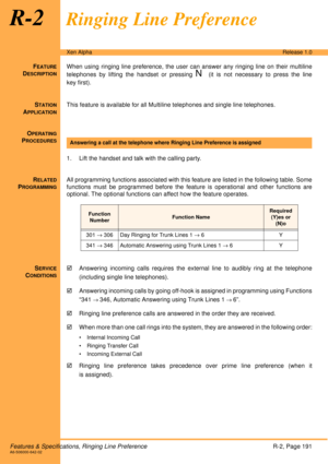 Page 197Features & Specifications, Ringing Line PreferenceR-2, Page 191A6-506000-642-02
Xen AlphaRelease 1.0
R-2Ringing Line Preference
FEATURE
DESCRIPTION
When using ringing line preference, the user can answer any ringing line on their multiline
telephones by lifting the handset or pressing 
N (it is not necessary to press the line
key first). 
S
TATION
APPLICATION
This feature is available for all Multiline telephones and single line telephones.
O
PERATING
PROCEDURES
1. Lift the handset and talk with the...
