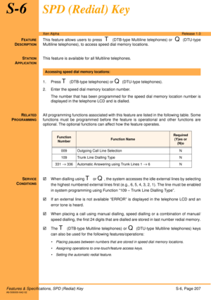 Page 213Features & Specifications, SPD (Redial) KeyS-6, Page 207A6-506000-642-02
Xen AlphaRelease 1.0
S-6SPD (Redial) Key
FEATURE
DESCRIPTION
This feature allows users to press  T (DTB-type Multiline telephones) or  Q (DTU-type
Multiline telephones), to access speed dial memory locations.
S
TATION
APPLICATION
This feature is available for all Multiline telephones.
 
1. Press 
T (DTB-type telephones) or Q (DTU-type telephones). 
2. Enter the speed dial memory location number. 
The number that has been programmed...