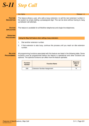 Page 227Features & Specifications, Step CallS-11, Page 221A6-506000-642-02
Xen AlphaRelease 1.0
S-11Step Call
FEATURE
DESCRIPTION
This feature allows a user, who calls a busy extension, to call the next extension number in
the system by simply dialling a preassigned digit. This can be done without having to hang
up between call attempts. 
S
TATION
APPLICATION
This feature is available for all Multiline telephones and single line telephones.
O
PERATING
PROCEDURES
 
1. Dial another extension number.
2. If that...