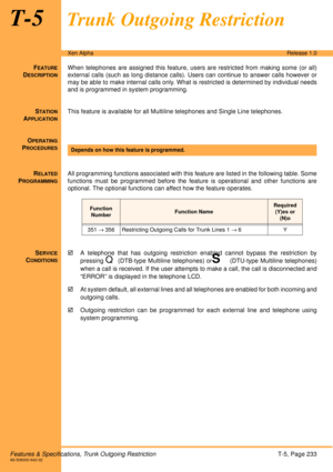 Page 239Features & Specifications, Trunk Outgoing RestrictionT-5, Page 233A6-506000-642-02
Xen AlphaRelease 1.0
T-5Trunk Outgoing Restriction
FEATURE
DESCRIPTION
When telephones are assigned this feature, users are restricted from making some (or all)
external calls (such as long distance calls). Users can continue to answer calls however or
may be able to make internal calls only. What is restricted is determined by individual needs
and is programmed in system programming.
S
TATION
APPLICATION
This feature is...