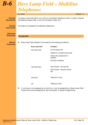 Page 41Features & Specifications Manual, Busy Lamp Field – Multiline TelephonesB-6, Page 35A6-506000-642-02
Xen AlphaRelease 1.0
B-6Busy Lamp Field – Multiline 
Telephones
FEATURE
DESCRIPTION
The Busy Lamp Field (BLF) is an LED on the Multiline telephone which is used to indicate
the telephone status (idle, in-use, do-not-disturb mode, etc.).
S
TATION
APPLICATION
This feature is available for all Multiline telephones.
O
PERATION
PROCEDURE
 
S
ERVICE
CONDITIONS
!Busy Lamp Field indication is provided for the...