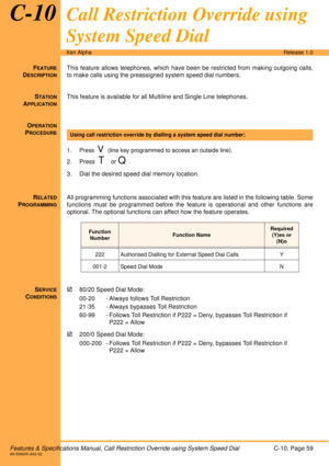 Page 65Features & Specifications Manual, Call Restriction Override using System Speed DialC-10, Page 59A6-506000-642-02
Xen AlphaRelease 1.0
C-10Call Restriction Override using 
System Speed Dial
FEATURE
DESCRIPTION
This feature allows telephones, which have been be restricted from making outgoing calls,
to make calls using the preassigned system speed dial numbers. 
S
TATION
APPLICATION
This feature is available for all Multiline and Single Line telephones.
O
PERATION
PROCEDURE
 
1. Press  V(line key...