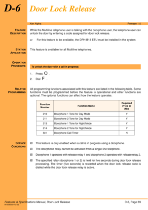 Page 95Features & Specifications Manual, Door Lock ReleaseD-6, Page 89A6-506000-642-02
Xen AlphaRelease 1.0
D-6Door Lock Release
FEATURE
DESCRIPTION
While the Multiline telephone user is talking with the doorphone user, the telephone user can
unlock the door by entering a code assigned for door lock release. 
!For this feature to be available, the DPH-B13 ETU must be installed in the system. 
S
TATION
APPLICATION
This feature is available for all Multiline telephones.
O
PERATION
PROCEDURE
 
1. Press  
O.
2....