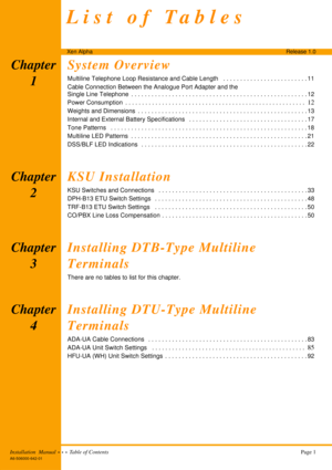 Page 11Installation  Manual  •  •  •  Table of ContentsPage 1
A6-506000-642-01
Xen AlphaRelease 1.0
Chapter 
1System Overview
Multiline Telephone Loop Resistance and Cable Length   . . . . . . . . . . . . . . . . . . . . . . . . . 11
Cable Connection Between the Analogue Port Adapter and the
Single Line Telephone  . . . . . . . . . . . . . . . . . . . . . . . . . . . . . . . . . . . . . . . . . . . . . . . . . . . . 12
Power Consumption
  . . . . . . . . . . . . . . . . . . . . . . . . . . . . . . . . . . . . ....