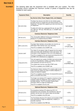 Page 16 Page 6System Overview  •  •  •  Installation Manual
A6-506000-642-01
SECTION 3
EQUIPMENTThe following table lists the equipment that is available with your system. The KSU
Quantities column indicates the maximum number of pieces of equipment that can be
installed for each system. 
Equipment NameDescriptionQuantity
Key Service Units, Power Supply Units, and Adapters
B614-B13 KSUThe Basic Key Service Unit (KSU) for the InfoSet system 
provides service for outside lines and interconnection of the...