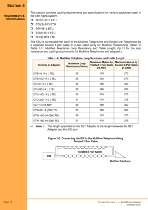 Page 22 Page 12System Overview  •  •  •  Installation Manual
A6-506000-642-01
SECTION 6
REQUIREMENTS &
S
PECIFICATIONS
This section provides cabling requirements and specifications for various equipment used in
the Xen Alpha system.
! BRT(1)-B13 ETU
! COI(2)-B13 ETU
! DPH-B13 ETU
! ESI(8)-B13 ETU
! SLI(2)-B13 ETU
The KSU is connected with each of the Multiline Telephones and Single Line Telephones by
a separate twisted 1-pair cable or 2-pair cable (only for Multiline Telephones). (Refer to
Table 1-1:: Multiline...