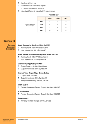 Page 27Installation Manual  •  •  •  System Overview Page 17A6-506000-642-01
!Rise Time: Within 5 ms
!Duration of Dual Frequency Signal: 
• 110 ms default/60 ms. minimum
!Inter-digital Time: 80 ms default/70 ms minimum 
SECTION 12
EXTERNAL
EQUIPMENT
CONNECTION
Music Sources for Music on Hold via KSU 
!Auxiliary Input: 0.6V PPS Signal Level
!Input Impedance: 600 W
Music Source for Station Background Music via KSU
!Auxiliary Input: 0.6V PPS Signal Level
!Input Impedance: 6 00 W
External Paging (Audio) via KSU...