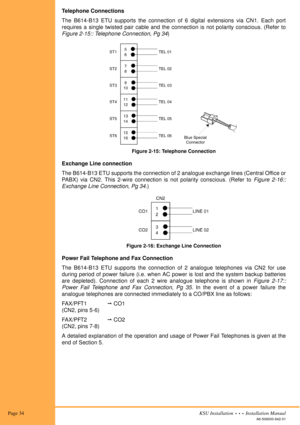 Page 48 Page 34KSU Installation  •  •  •  Installation Manual
A6-506000-642-01
Telephone Connections
The B614-B13 ETU supports the connection of 6 digital extensions via CN1. Each port
requires a single twisted pair cable and the connection is not polarity conscious. (Refer to
Figure 2-15:: Telephone Connection, Pg 34) 
Figure 2-15: Telephone Connection
Exchange Line connection
The B614-B13 ETU supports the connection of 2 analogue exchange lines (Central Office or
PABX) via CN2. This 2-wire connection is not...