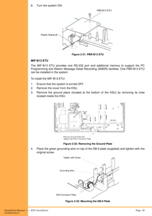 Page 59Installation Manual  •  •  •  KSU Installation Page  45A6-506000-642-01
8. Turn the system ON.
Figure 2-31: PBR-B13 ETU
MIF-B13 ETU
The MIF-B13 ETU provides one RS-232 port and additional memory to support the PC
Programming and Station Message Detail Recording (SMDR) facilities. One PBR-B13 ETU
can be installed in the system.
To install the MIF-B13 ETU:
1. Ensure that the system is turned OFF.
2. Remove the cover from the KSU.
3. Remove the ground place (located at the bottom of the KSU) by removing its...